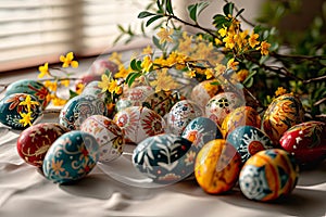 Easter ornaments lying on a white crumpled tablecloth.