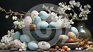 Easter painted blue and white eggs and white flowers on black background