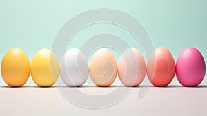 Easter painted colorful eggs in row on light blue gradient background. Banner with copy space. Ideal for Easter