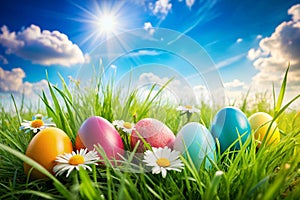 Easter Painted Colorful Eggs Spring Grass Blue Sky
