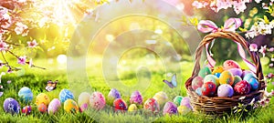 Easter Painted Eggs In Basket On Grass photo