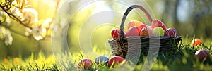 Easter Painted Eggs In Basket On Grass In Sunny Orchard