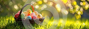 Easter Painted Eggs In Basket On Grass In Sunny Orchard