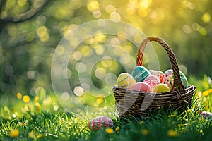 Easter Painted Eggs In Basket On Grass In Sunny Orchard