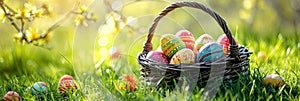 Easter Painted Eggs In Basket On Grass In Sunny Orchard