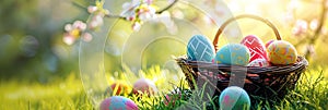 Easter Painted Eggs In Basket On Grass In Sunny Orchard