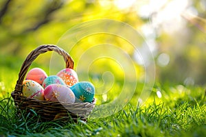 Easter Painted Eggs In Basket On Grass In Sunny Orchard