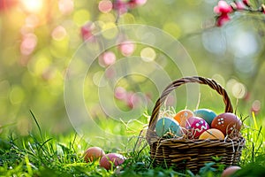 Easter Painted Eggs In Basket On Grass In Sunny Orchard