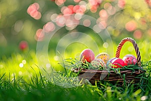 Easter Painted Eggs In Basket On Grass In Sunny Orchard