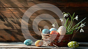 Easter painted eggs in a basket on a wooden table near a wooden wall