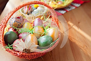 Easter painted eggs in traditional basket
