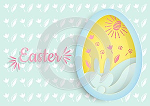 Easter paper cut on blue background with white leaf flower pattern.