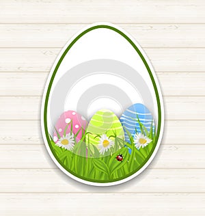 Easter paper sticker eggs with green grass and flowers