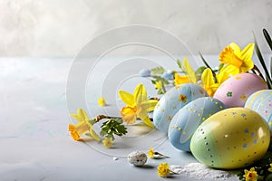 Easter pastel background with colorful easter eggs and daffodils, Generative AI