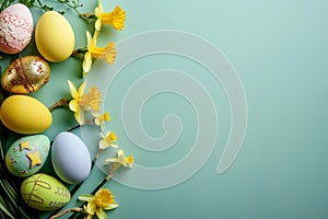 Easter pastel background with colorful Easter eggs and daffodils, Generative AI