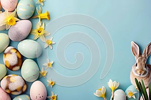 Easter pastel background with colorful easter eggs,rabbit and daffodils, Generative AI