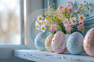 Easter pastel colored eggs and flowers on window. ai generated