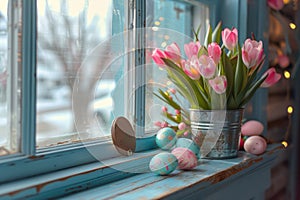 Easter pastel colored eggs and flowers on window. ai generated