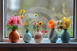 Easter pastel colored eggs and flowers on window. ai generated