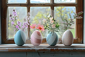 Easter pastel colored eggs and flowers on window. ai generated