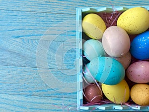 Easter Pastel colored eggs inside a basket