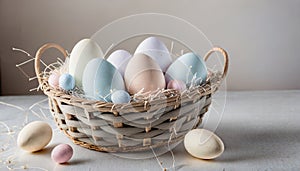 Easter pastel eggs in wicker basket Generated with AI