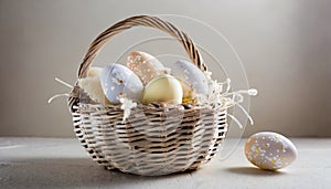 Easter pastel eggs in Wicker basket. Generated with AI