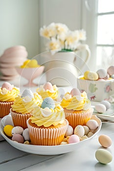 Easter pastry lemon cupcakes with yellow buttercream frosting decorated with sprinkles and chocolate eggs. Festive table setting