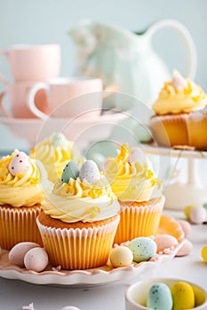 Easter pastry lemon cupcakes with yellow buttercream frosting decorated with sprinkles and chocolate eggs. Festive table setting