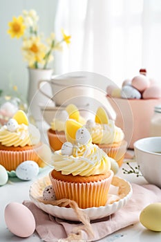 Easter pastry lemon cupcakes with yellow buttercream frosting decorated with sprinkles and chocolate eggs. Festive table setting