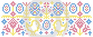 Easter pattern with chicken and Easter eggs in cross stitch style