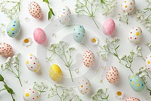 Easter pattern with colored eggs, yellow and white flowers on white background