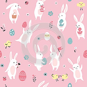 Easter pattern with cute bunnies, spring seamless background