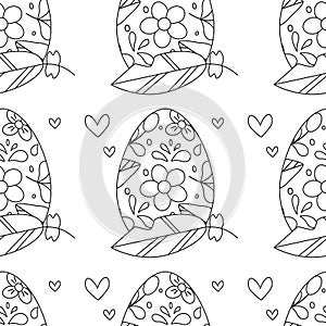 Easter pattern with egg with floral ornament, feathers, hearts