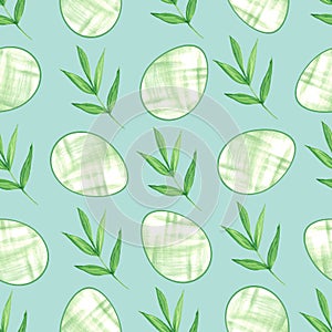 Easter pattern with eggs, green leaves and branches on a pale blue background. Watercolor illustration. Seamless