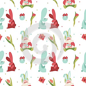 Easter pattern with gnome in bunny ears, easter eggs, flowers and colored dots on white background