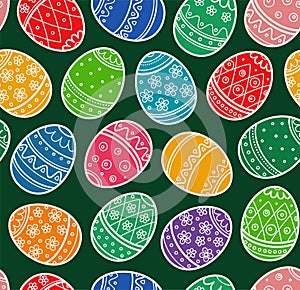 Easter pattern, seamless, colored eggs, green background.