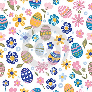 Easter pattern, spring flowers and colorful decorated eggs on white background, vector illustration