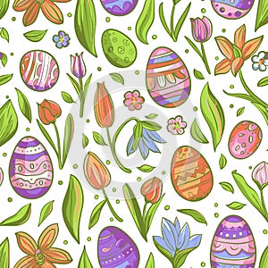 Easter pattern, spring flowers and colorful decorated eggs on white background, vector illustration