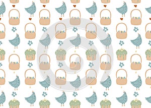 Easter pattern. Vector seamless texture with chikens, hearts, wicker basket and easter cakes. Childish seamless pattern