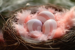 Easter peach eggs in a nest with fluffy feathers.
