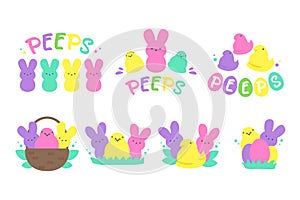 Easter Peeps. Simple Rabbit Vector Various colors made from candy and marshmallows. For celebrating Easter