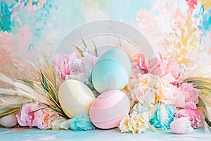 Easter  background with pastel eggs and spring flowers