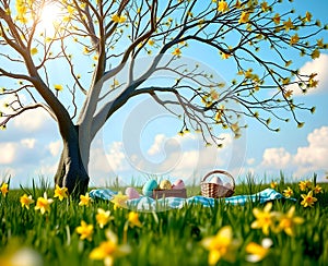 Easter Picnic Under Blooming Tree with Decorated Eggs - AI Generated