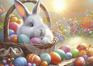 Easter picture with a white rabbit and colorful Easter eggs in a basket, pastel painting