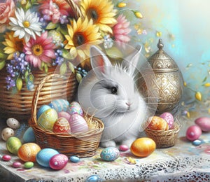Easter picture with a white rabbit and colorful Easter eggs in a basket, pastel painting