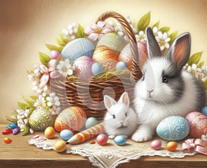 Easter picture with a white rabbit and colorful Easter eggs in a basket, pastel painting