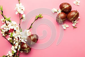 Easter pink background with Easter eggs and spring flowers. Top view with copy space