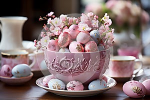 Easter pink decor with painted pink eggs and pink flowers