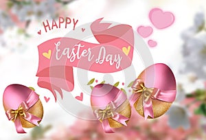 Easter pink eggs floral poster yeallow pink white green with text letter copy space holiday banner template greetings card